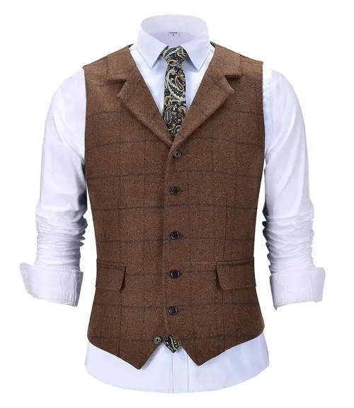 GENTLEMAN MENARMY VEST Plaid Wool Brown Jacket Tweed Business Groosmen ...