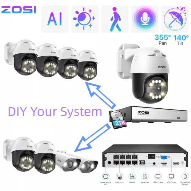 ZOSI 4K 8CH NVR Wired PoE Security 5MP Camera System PT Audio Outdoor AI Detect