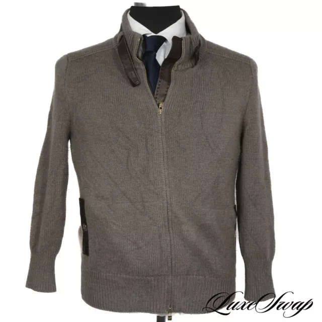 #1 MENSWEAR Loro Piana Italy 100% Cashmere Leather Trim Grey Sweater Jacket 46