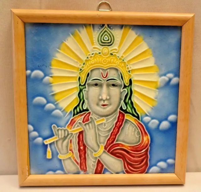 Lord Krishna Tile Majolica Japan Vintage Art Nouveau Ceramic Porcelain Old#381