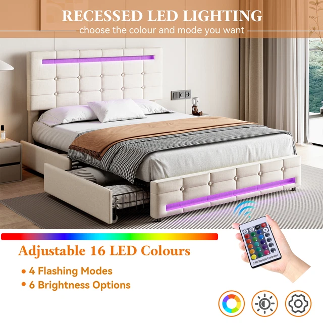 DOUBLE BED UPHOLSTERED Storage Bed Frame With LED Light, 4 Drawers and