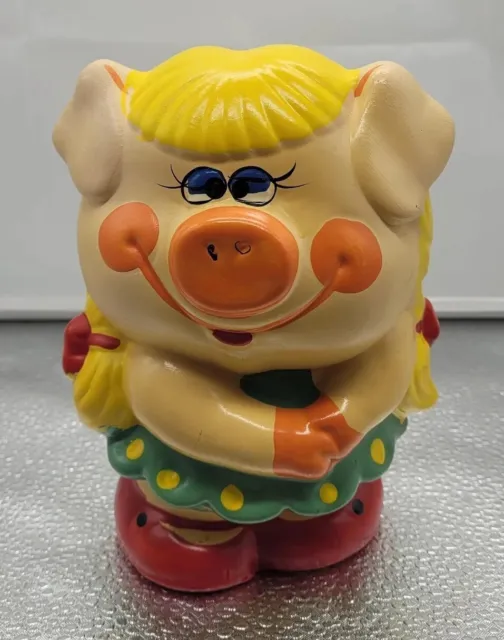 Ceramic Hand Painted Female Pig Piggy Bank Blond Pigtails Dress Red Shoes