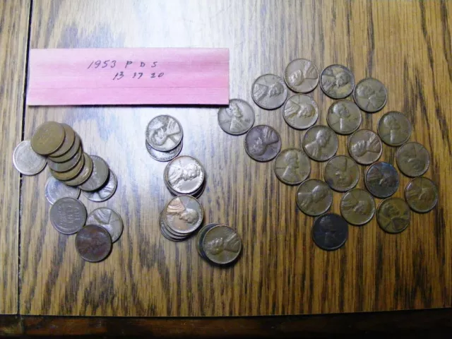 1953 PDS Lincoln Wheat Cent Pennies  Full Roll of 50 Mixed Lot