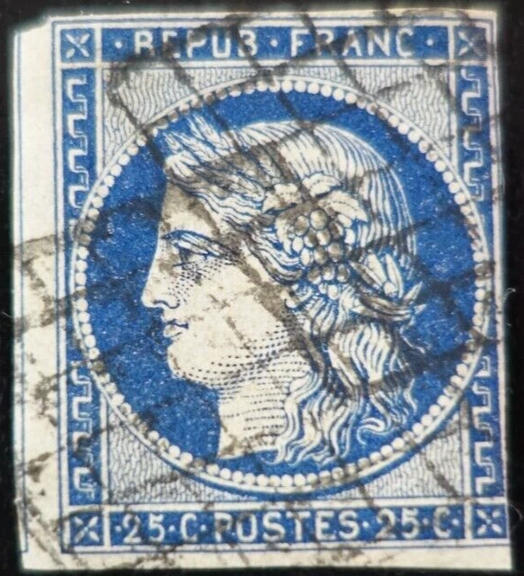 Timbre France Yvert No 60Ca Type Cérès 25c bleu foncé Oblitéré CaD type 17