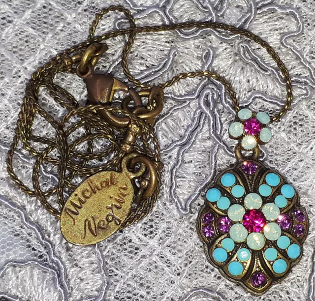 Michal Negrin Necklace Turquoise Purple Crystal Flower Mosaic Pendant Chain Boho