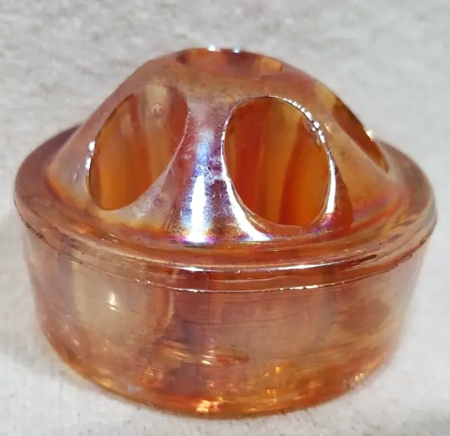 Vintage Amber Carnival Depression Iridescent Domed Glass Flower Frog 7 Hole