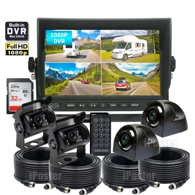 7" Quad Monitor DVR 4 Dash Cam Rear View Backup Camera for Truck Semi Trailer RV