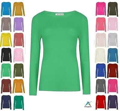 Ladies Plain Tshirt Womans Long Sleeve Scoop Neck T Shirt Top Plus Size Uk 8-26