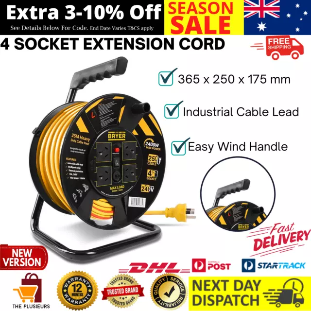 4 Socket Power Extension Cord Lead Heavy Duty Cable Reel 25m Work Leads  Cables
