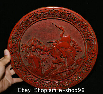 11" Marked Old China Red Lacquerware Hand-carved Palace Crane Pine Dish Plate