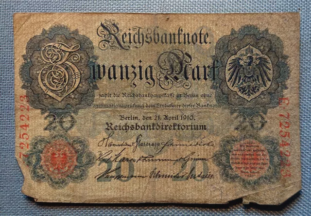 Old German Banknote Twenty Mark Berlin 21. April 1910