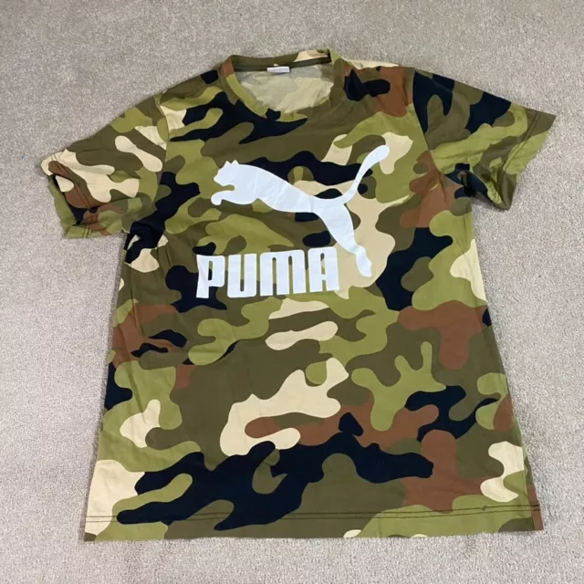 Puma T Shirt Mens Medium M Green Camo Camouflage Casual Crew Neck Short Sleeve
