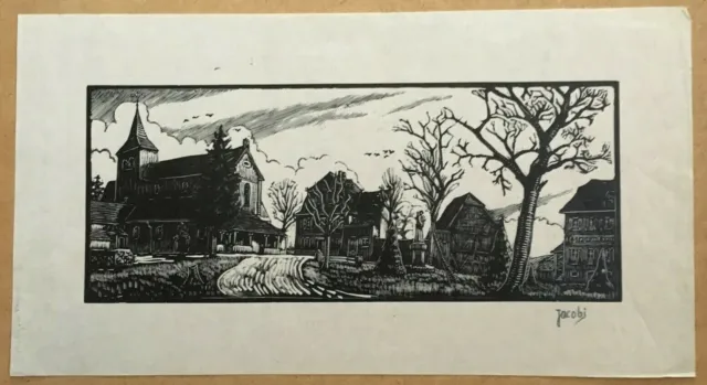Engraved wood engraving signed Jacobi city view church monastery abbey