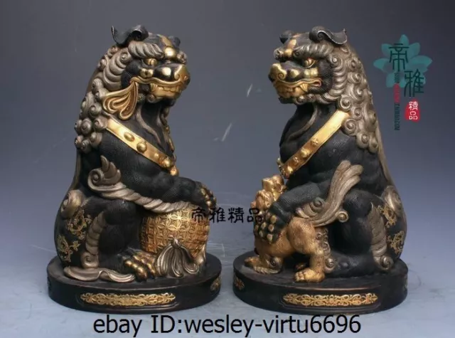 China Palace Bronze 24K Gold Gild Silver Guardian Fu Foo Dog Lion Ball Statue