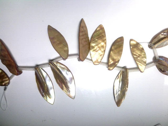 VTG 12 HAND CARVED TAUPE BEIGE LEAF SHELL DROP BEADS #022323a ONE LOT ONLY!