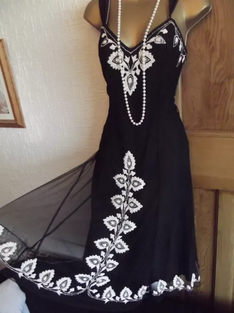 WALLIS Vintage ❤️1920's Art Deco Black Beaded Flapper Gatsby Dress Size 18 P