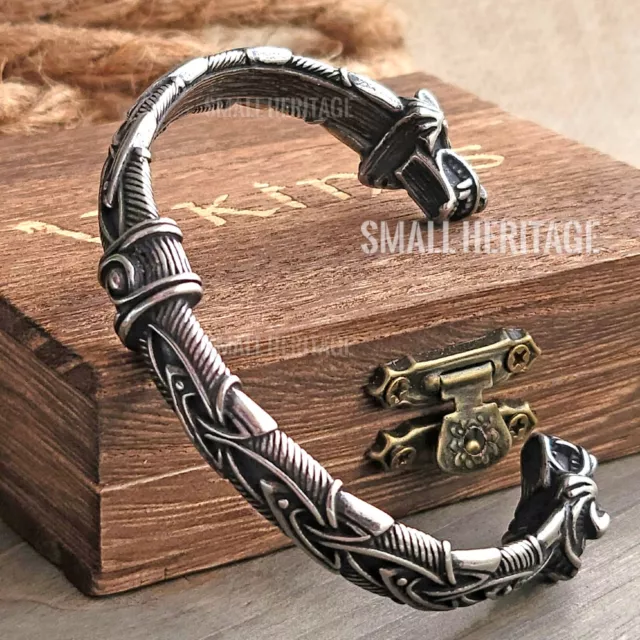 Men Viking Wolf Head Cuff Stainless Steel Norse Bracelet Medieval Celtic Bangle