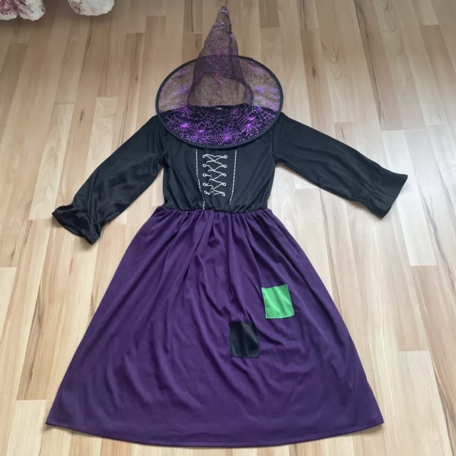 Hexenkleid Gr.M 7-10 Ja Hexenkostüm Schwarz Lila Kleid + Hut TOP Halloween Hexe