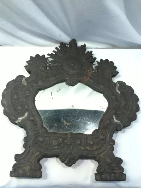 Antique mirror, beaten brass over wood, Dutch baroque embossed brass overlay