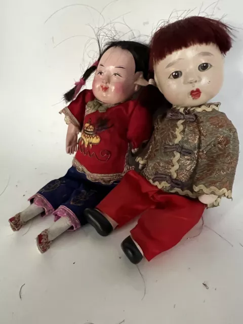 Pair (2) Antique Chinese Opera Dolls 1 w Glass Eyes~Damask Embroidery Hand Paint