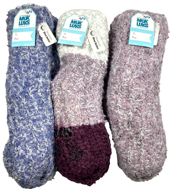MUK LUKS Set of 3 PAIR CABIN SOCKS PURPLE L/XL 8.5-11 Shea Butter FAUX SHEARLING