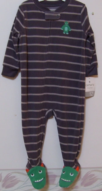 Boys Carter's Fleece Gray Stripe Monster Footed Blanket Sleeper Sz 12M