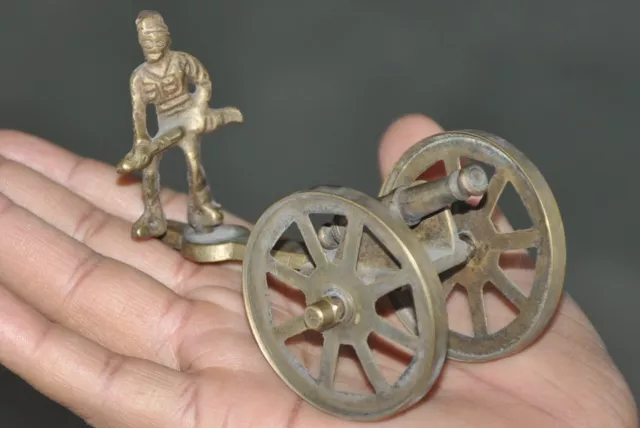 Old Brass Handcrafted Cannon/Gun Toy With Soldier , Rich Patina