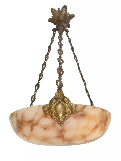 1900 Gorgeous Antique French Carved Alabaster Pendant Chandelier Ceiling Cherub