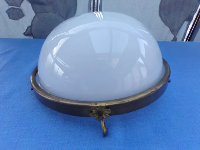 Ancienne vasque en verre opalescent avec armature en laiton-lustre/suspension 2