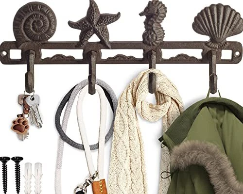 Comfify Vintage Seashell Coat Hook Hanger Rustic Cast Iron Wall Hanger w/ 4 D...