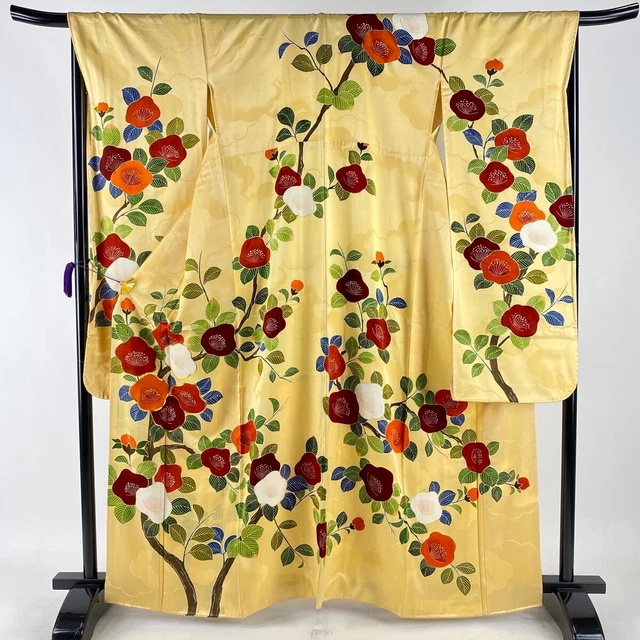 Japanese Silk Kimono Robe Vintage Furisode Long Sleeves Gold Thread Yellow Japan
