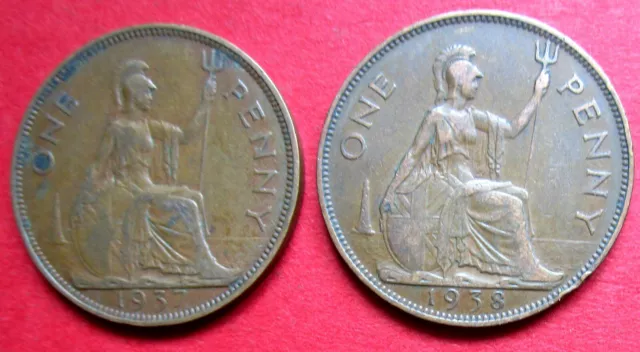 Great Britain  Pair Consecutive Date King George Vi  One Penny Coins 1937 & 1938