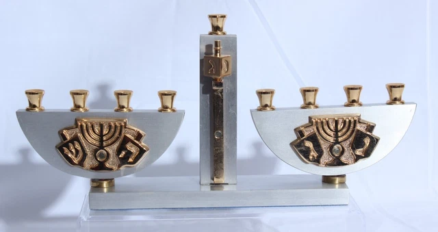 Unique 24k gold & Silverplated A.N.OPPENHEIM ISRAEL MENORAH JUDAICA W/ Dreidel