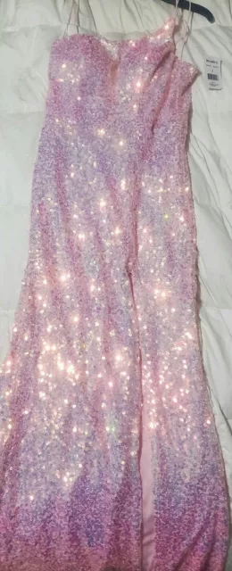 Long Pink Spaghetti Strap Sequin Dress With Slit Up One Side NWT Size 7