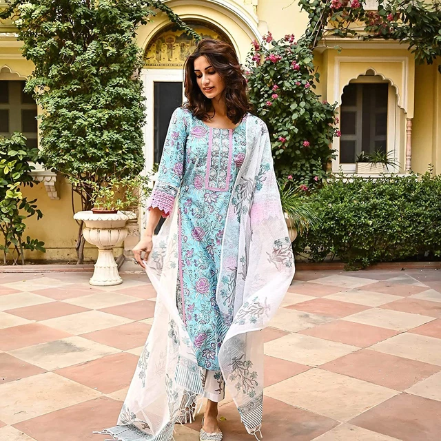 Kurti stampato floreale con pantaloni e set Dupatta per donna, set di abiti...