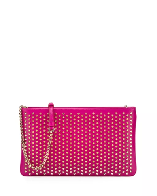 100% Auth New Christian Louboutin Loubiposh Spiked Fuchsia Clutch Bag/Handbag