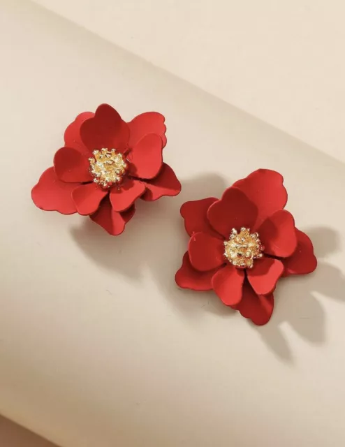 Anthropologie 3D Brigitte Floral Post Stud Earrings  Matte Finish Red/Gold