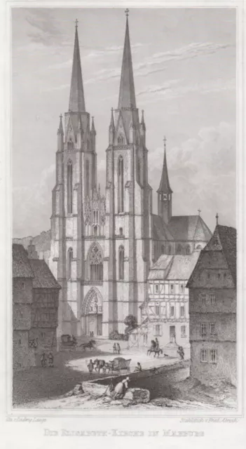 Marburg Elisabethkirche Original Grabado de Acero Abresch 1842