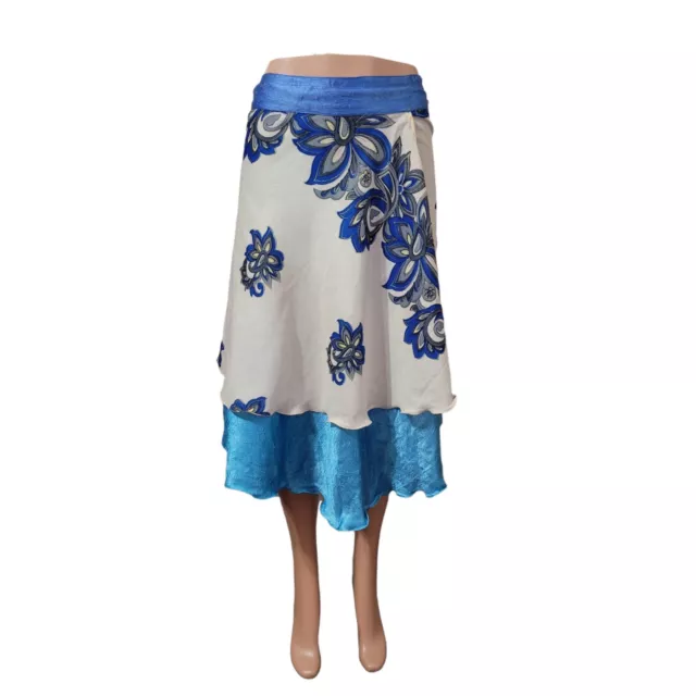 Wrap Skirt Size M BOHO Fair Festival Tibetan Blue Reversible Silk Blend Knee