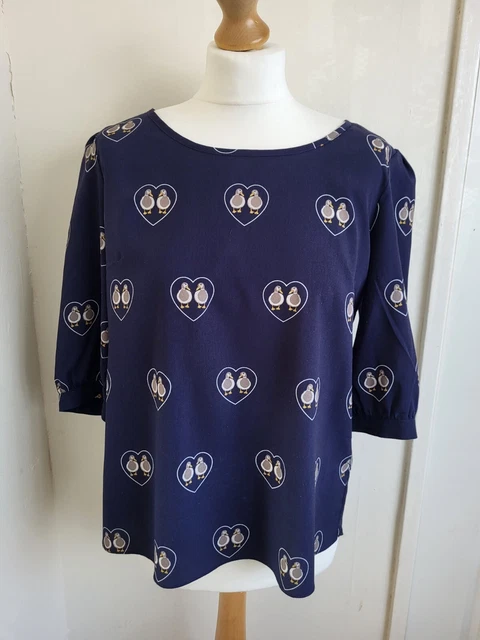 SUGARHILL Boutique Blouse Size 14 Navy Blue Birds Curtain Back Mid Sleeve