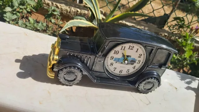 Large Plastic Old Car Shaped Mantel Clock Black Color Not Work Used Beautiful