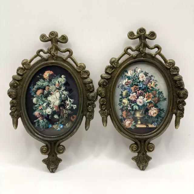 Pair Italy Vtg Miniature Small Oval Ornate Brass Picture FRAMES w Floral Prints