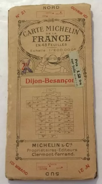 Carte Michelin Dijon-Besançon.1923.Toilée.Prix modifié car sur toile.