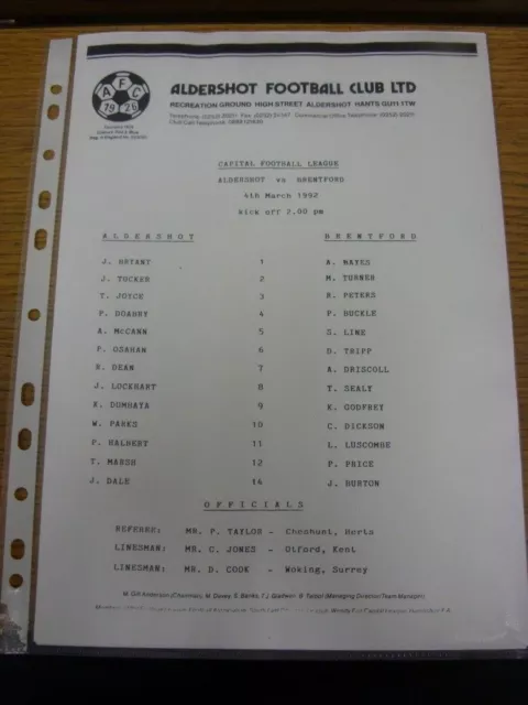 04/03/1992 Aldershot Reserves v Brentford Reserves  (single sheet). Condition: i