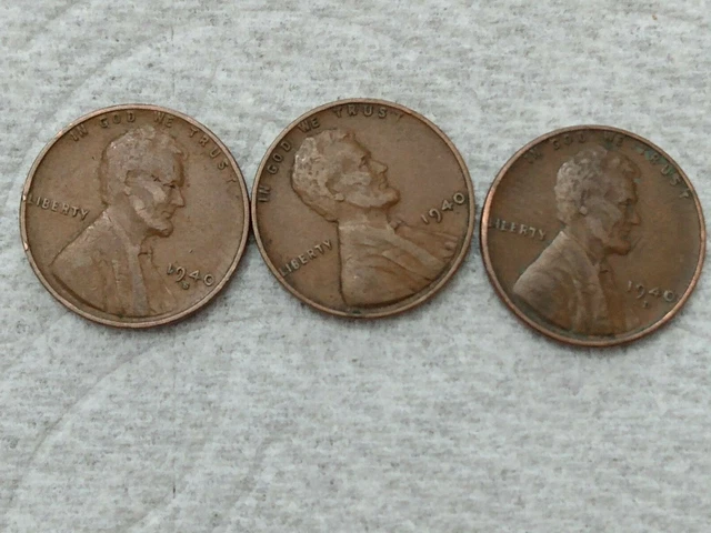 1940 P D S Lincoln Wheat Cent / Penny     Set of 3 Coins Lot
