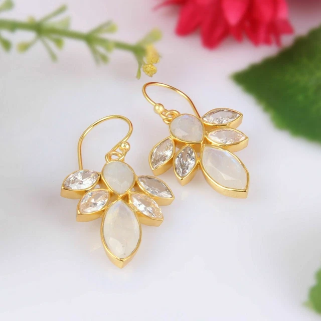 Rainbow Moonstone Cz Hook Earrings 18k Gold Plated Brass Wedding Earring