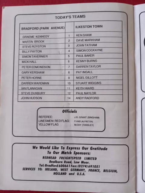 BRADFORD PARK AVENUE v Ilkeston Town - 1989 - Only season in Central ...