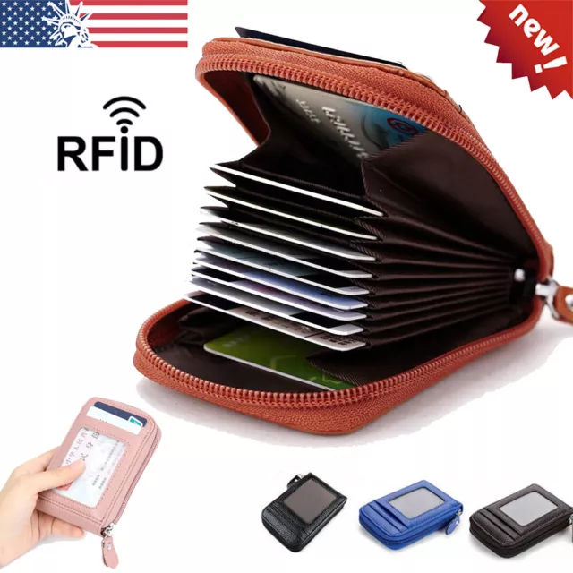 Men Genuine Leather RFID Blocking Thin Wallet Credit Card Holder Zipper Pocket