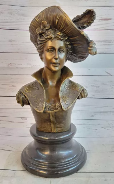 Bronze Bust Sculpture of a Victorian or Edwardian Woman in a Hat on Marble Base