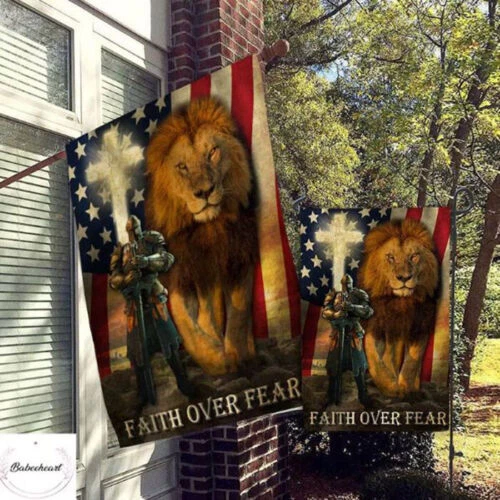 Faith Over Fear Cross Lion Of Judah Strong Christians HOUSE FLAG GARDEN FLAG